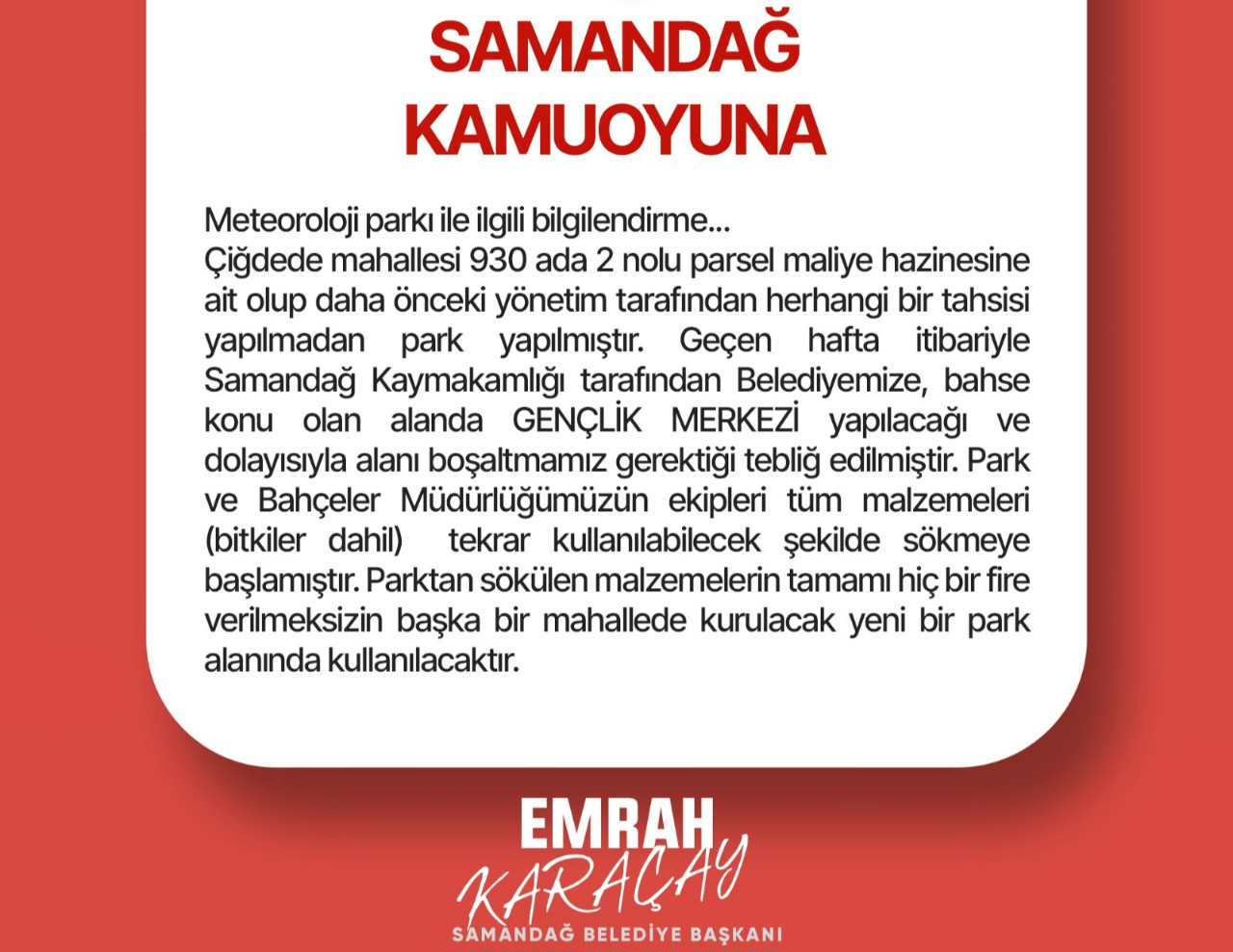 BAŞKAN EMRAH KARAÇAY ‘DAN METEOROLOJİ PARKI İLE İLGİLİ AÇIKLAMA